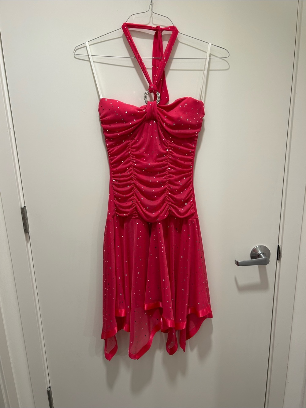 Vintage Y2K DEB Hot Pink Rhinestone Halter Dress Ruched High Low S